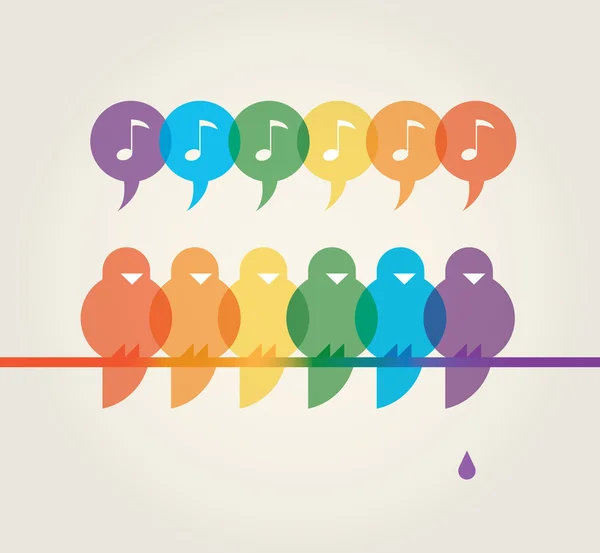 Vector illustration of family of cute rainbow color singing birds on a tree with poop — Stock Vector