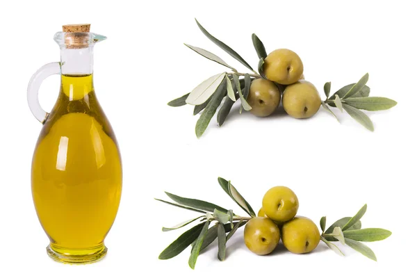 Composition of oil bottles and olives — Stock Photo, Image