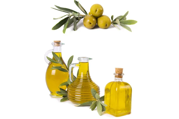 Composition of oil bottles and olives — Stock Photo, Image