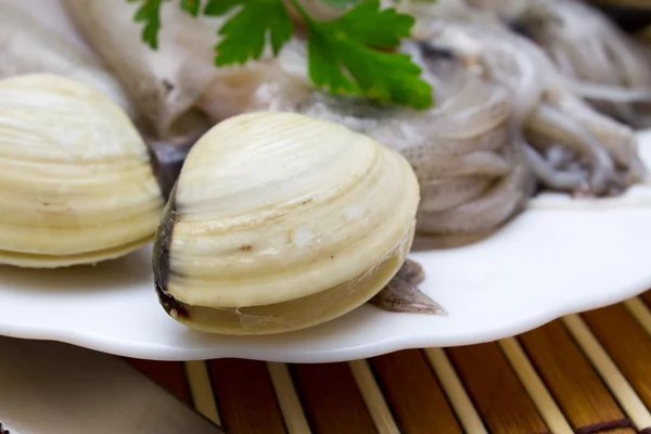 Tintenfisch mit frischen Venusmuscheln — Stockfoto