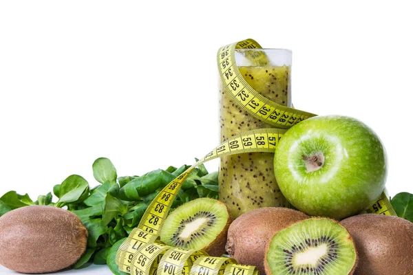Organiczny Sok Owocowy Warzywny Lub Smoothie Taśmą Pomiarową Koncepcja Diety — Zdjęcie stockowe