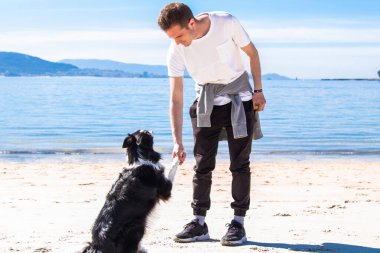 Genç adam sahilde köpeğiyle oynuyor.