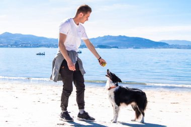 Rahat genç adam sahilde köpekle oynuyor.