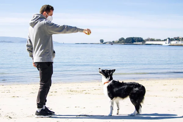 Tıbbi maskeli bir adam, köpeğiyle kumsalda oynuyor.