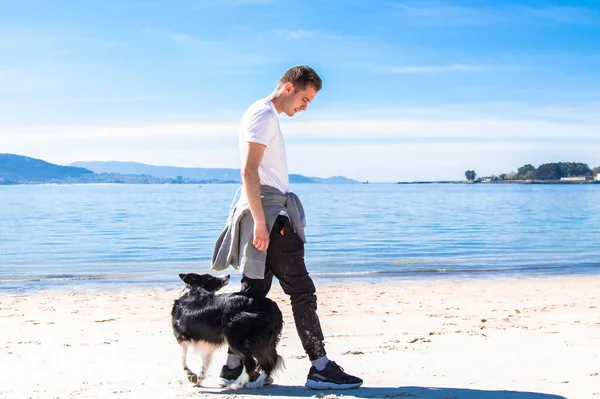 Rahat genç adam sahilde köpekle oynuyor.