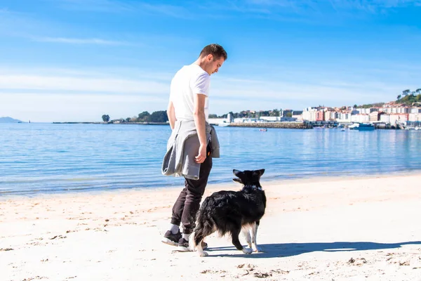 Genç adam sahilde köpeğiyle oynuyor.