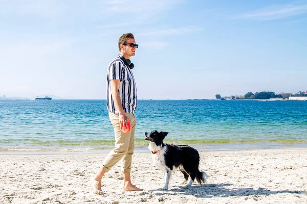 Genç adam sahilde köpek ve topla oynuyor.