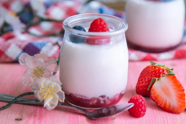 Fresh Yogurt Raspberries Blueberries — Zdjęcie stockowe