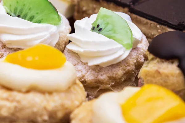 Sortimento Mini Bolos Com Creme Chocolate Frutas Variadas — Fotografia de Stock