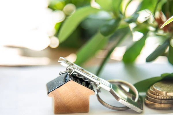 Schlüsselanhänger Und Schlüssel Mit Dokumenten Und Münzen Finanzen Immobilien Und — Stockfoto