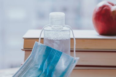 Okula geri dönüş konsepti yeni normalde. kitaplar, elma, maske ve hidrokolik jel uyum içinde