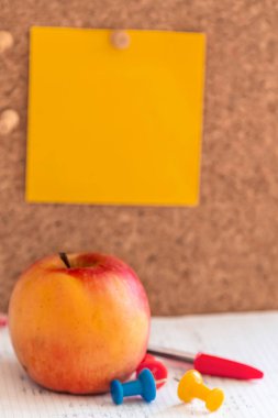 not defteri ve ofis ya da okul aksesuarları raptiye ile asılı, okul konseptine geri,