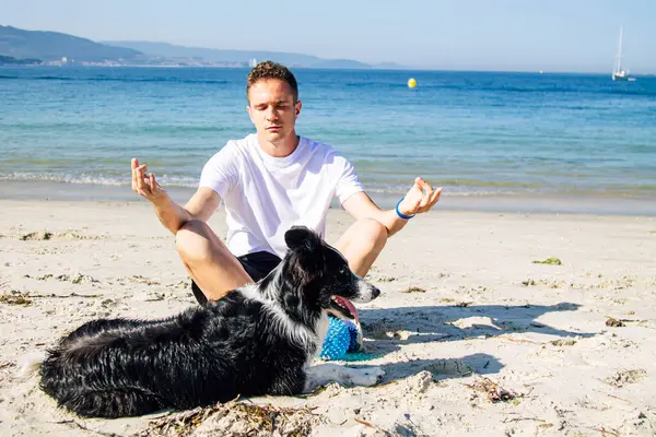 Plajda köpeğiyle yoga yapan bir adam.