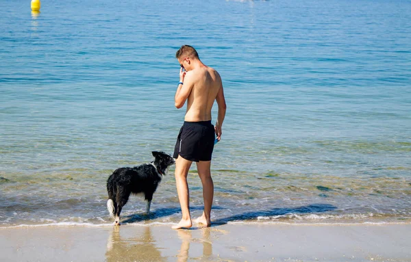在海滩上与狗玩耍的人 — 图库照片