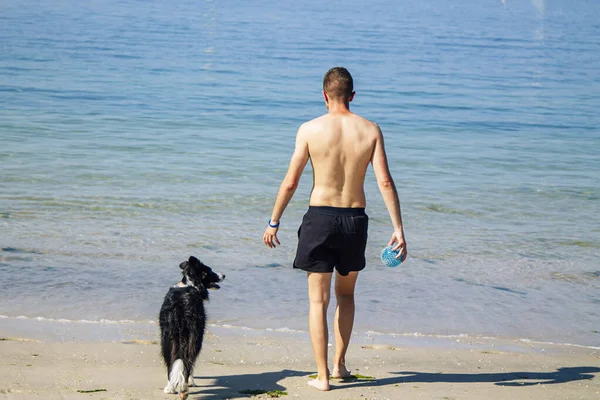 Άντρας Που Παίζει Σκύλο Στην Παραλία — Φωτογραφία Αρχείου