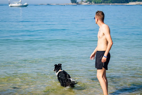 海滩上的男人在和他的宠物玩耍 — 图库照片