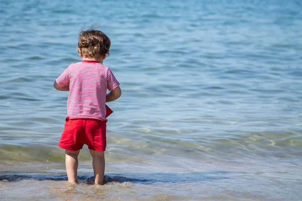Sırtı sahile dönük küçük bir çocuk.