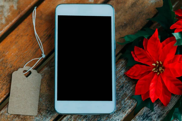 Téléphone Portable Sur Bois Avec Décorations Noël — Photo