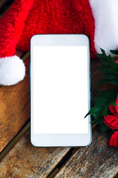 Mobilní Telefon Dřevo Vánoční Výzdobou — Stock fotografie