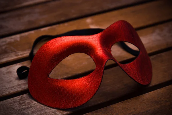 Red Mask Isolated Wooden Background — Stock Photo, Image