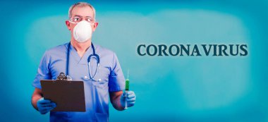 Maske ve koronavirüs aşısı olan bilim adamı, virüs ve enfeksiyon kavramı