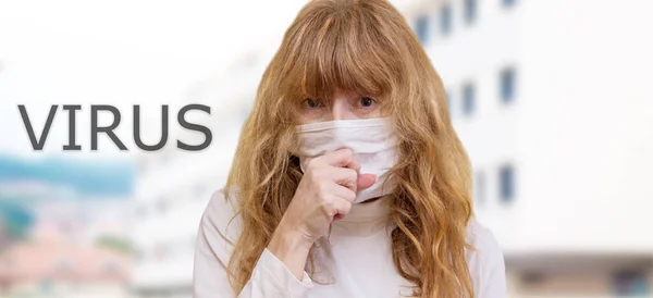 Woman Medical Mask Her Face Coughing Catarrh — Stock Photo, Image