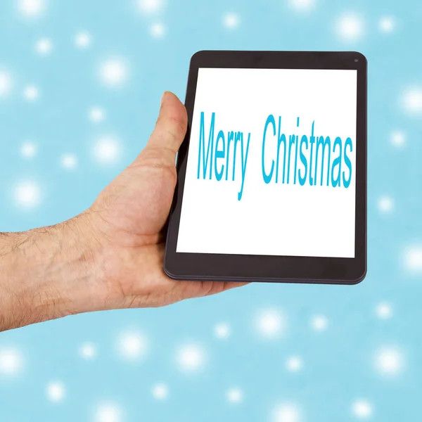 Mão Com Tablet Close Com Mensagem Natal — Fotografia de Stock