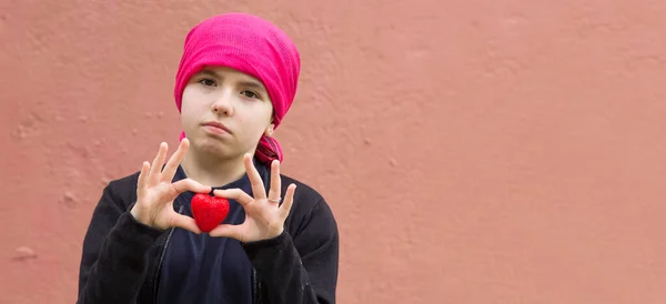 Sad Girl Cancer Head Scarf Holding Red Heart — Stock Photo, Image