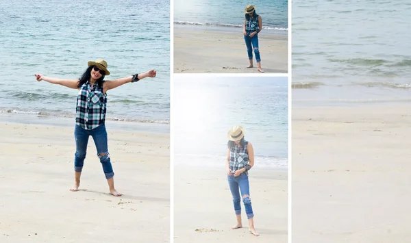 Zomer Collage Met Hipster Vrouw Het Strand — Stockfoto