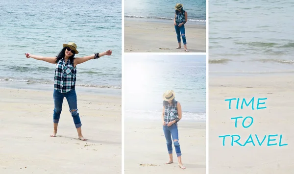 Zomer Collage Met Hipster Vrouw Het Strand — Stockfoto