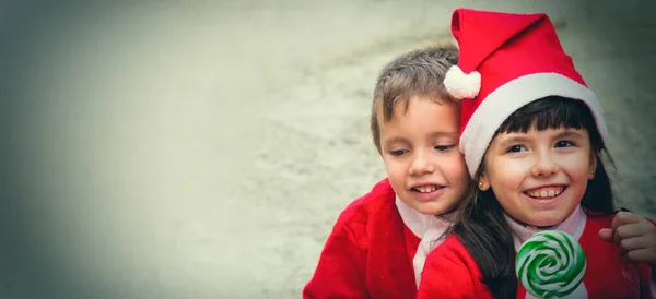 Happy Funny Kids Wearing Santa Claus Costume Christmas — Stock Photo, Image
