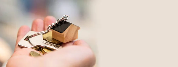 Woman Holding Keys Money Little House Keychain Concept Home Loan — Stock Photo, Image
