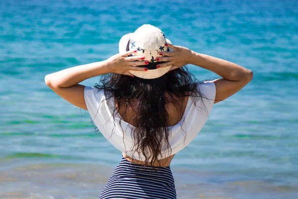 Happy Woman Arms Raised Sign Freedom Celebration Beach — Stockfoto