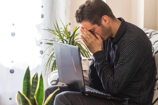 Stressed Worried Man His Laptop Home Office —  Fotos de Stock