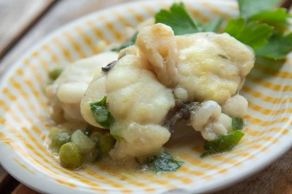 Fish Dish Sauce Peas Parsley — Stok fotoğraf