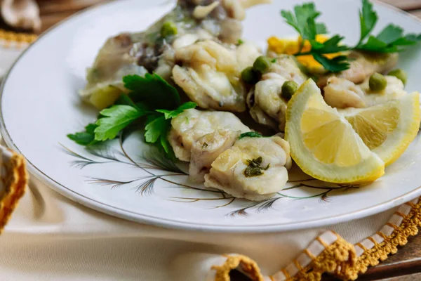 Hake Monkfish Fresh Fish Green Sauce — Stok fotoğraf