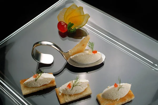 Italian food recipes, croutons with mascarpone cheese and fruit mustard.