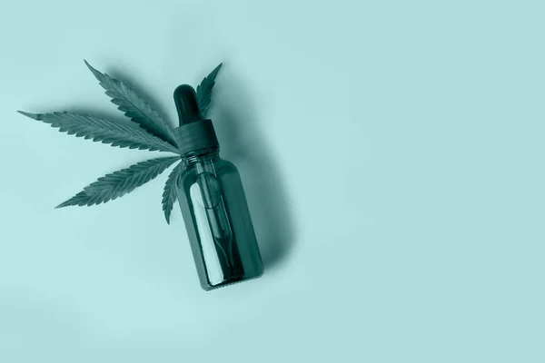 Tiderwater Yeşili 'nde kenevir yağı ve marihuana yapraklı cam kahverengi şişe. 2022' nin moda rengi..