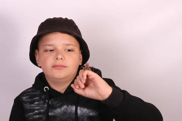 Boy Hat Examines Interest Large Brown Mantis His Arm — Stock Photo, Image