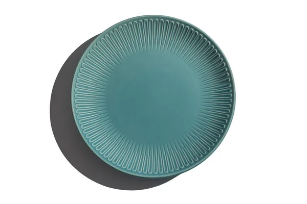 Empty Turquoise Blue Plate Hard Shadow Isolated White Background Table — 스톡 사진