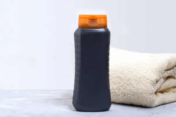 Gray Bottle Shower Gel Table Towel Branch Eucalyptus Personal Hygiene — Stock Photo, Image