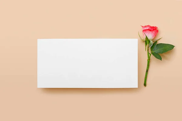 Invitation Greeting Card Mockup Blank Paper Pink Rose Beige Background —  Fotos de Stock