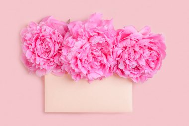 Davetiye ya da tebrik kartı maketi zarif pembe şakayık çerçeveli ve zarflı..