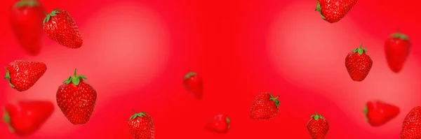Reife Erdbeeren Schweben Auf Rotem Grund Banner — Stockfoto