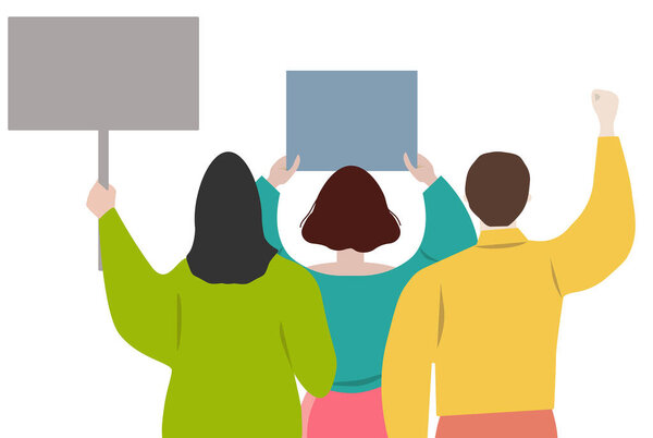 Молодая женщина стоит с плакатом. Вид со спины. Плоский дизайн красочная иллюстрация изолированы на белом фоне.