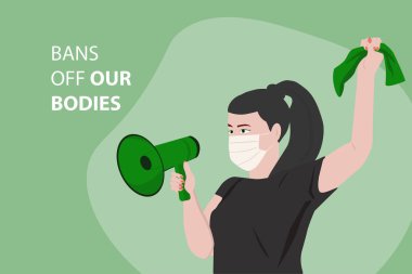 A young girl with a green bandana and a loudspeaker. Protest symbol. The right to an abortion. Vector illustration.