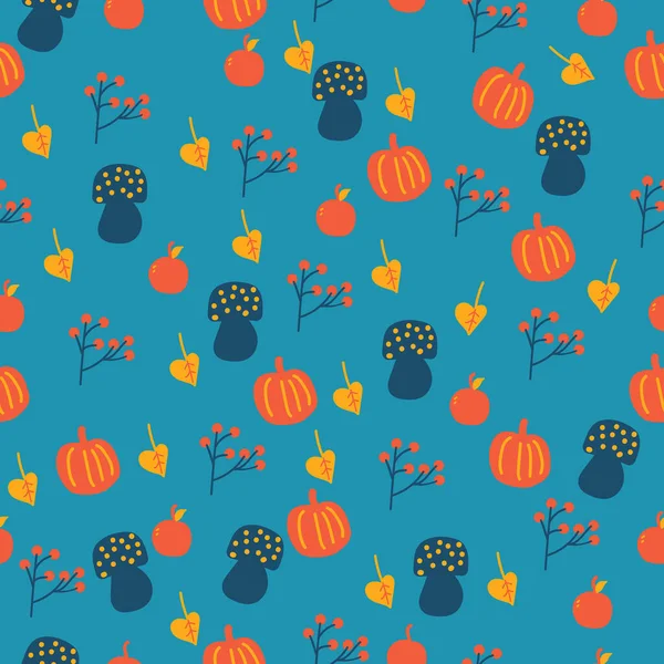 Children Seamless Autumn Pattern Pumpkin Apple Mushroom Twig Blue Background — Archivo Imágenes Vectoriales