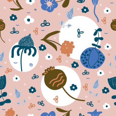 Seamless pastel pattern with flowers. Abstract hand drawn floral ornament. Template for textiles, clothes, wrapping paper and more,
