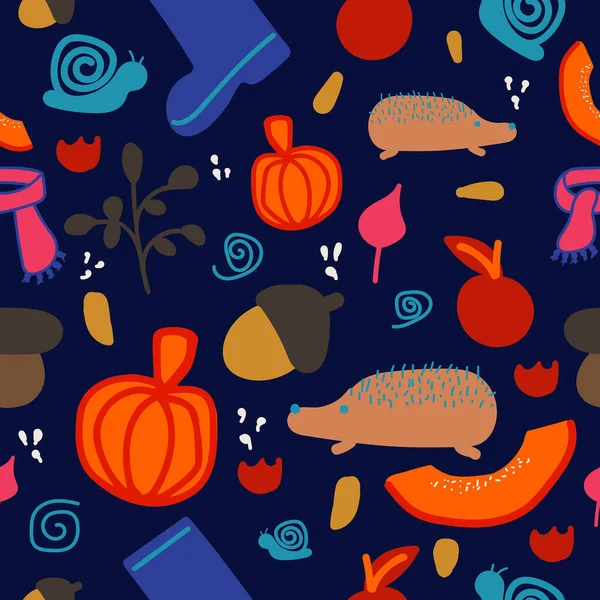 Seamless Trendy Pattern Autumn Decorative Elements Form Pumpkins Leaves Mushrooms — Image vectorielle