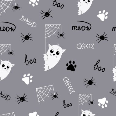 Happy Halloween, cat with web and spider, Halloween party. Doodle hand drawn elements for Halloween. Seamless pattern.